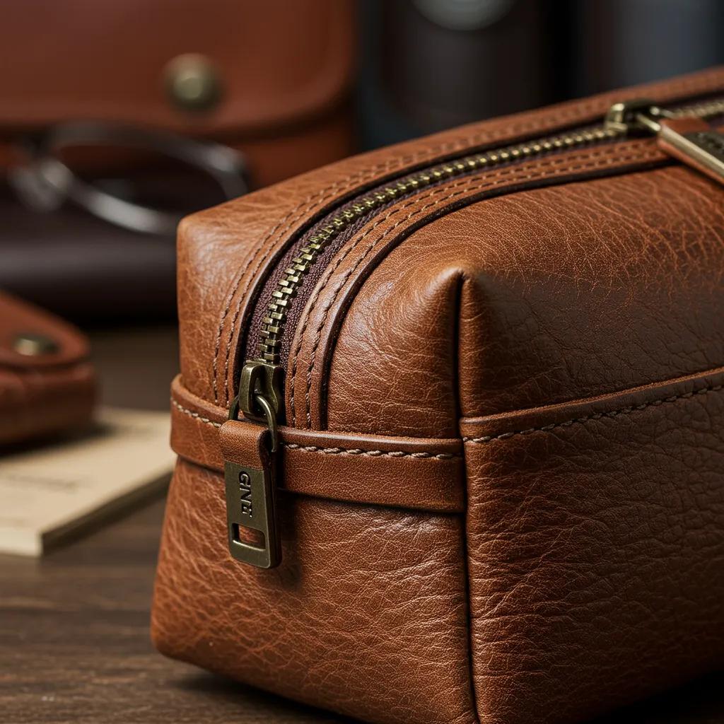 Close-up of a durable leather dopp kit highlighting craftsmanship and stitching