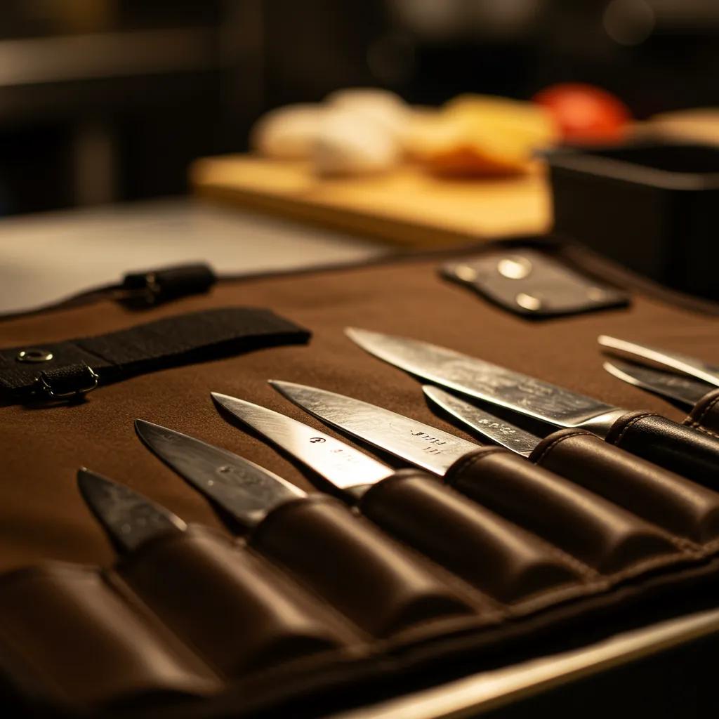 Close-up of a well-organized leather knife roll showcasing knife slots and protective features