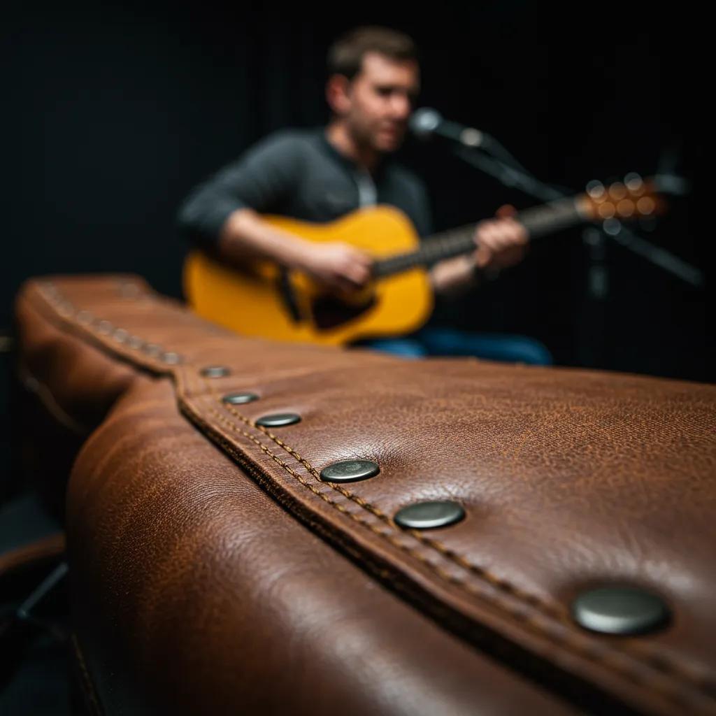 Close-up of durable stitching and high-quality leather on a guitar gig bag