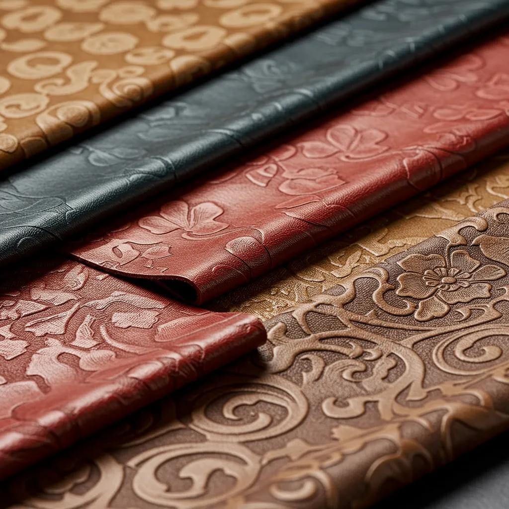 Close-up of floral, geometric and filigree leather panels for jackets and bags