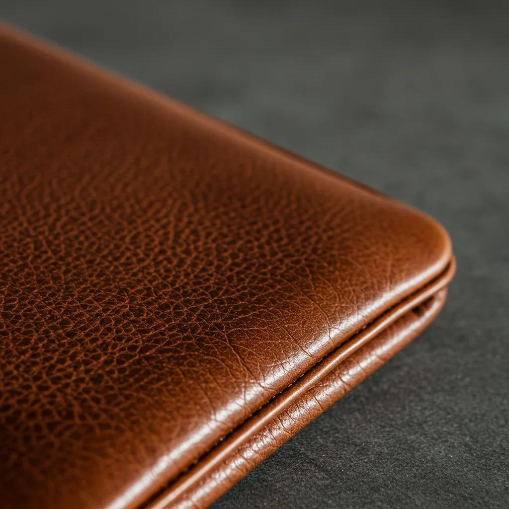 Close-up of full-grain leather laptop sleeve highlighting its texture and durability