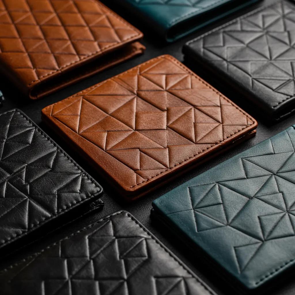 Detail of geometric embossed leather — wallets and bags showing repeat patterns