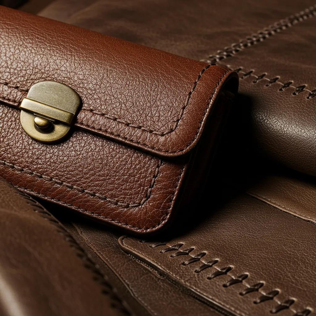 Close-up of high-quality leather stitching on a jacket and handbag, highlighting craftsmanship
