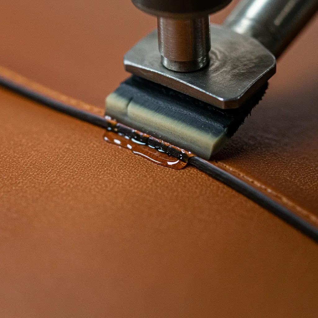 Close-up of a burnished leather edge being polished