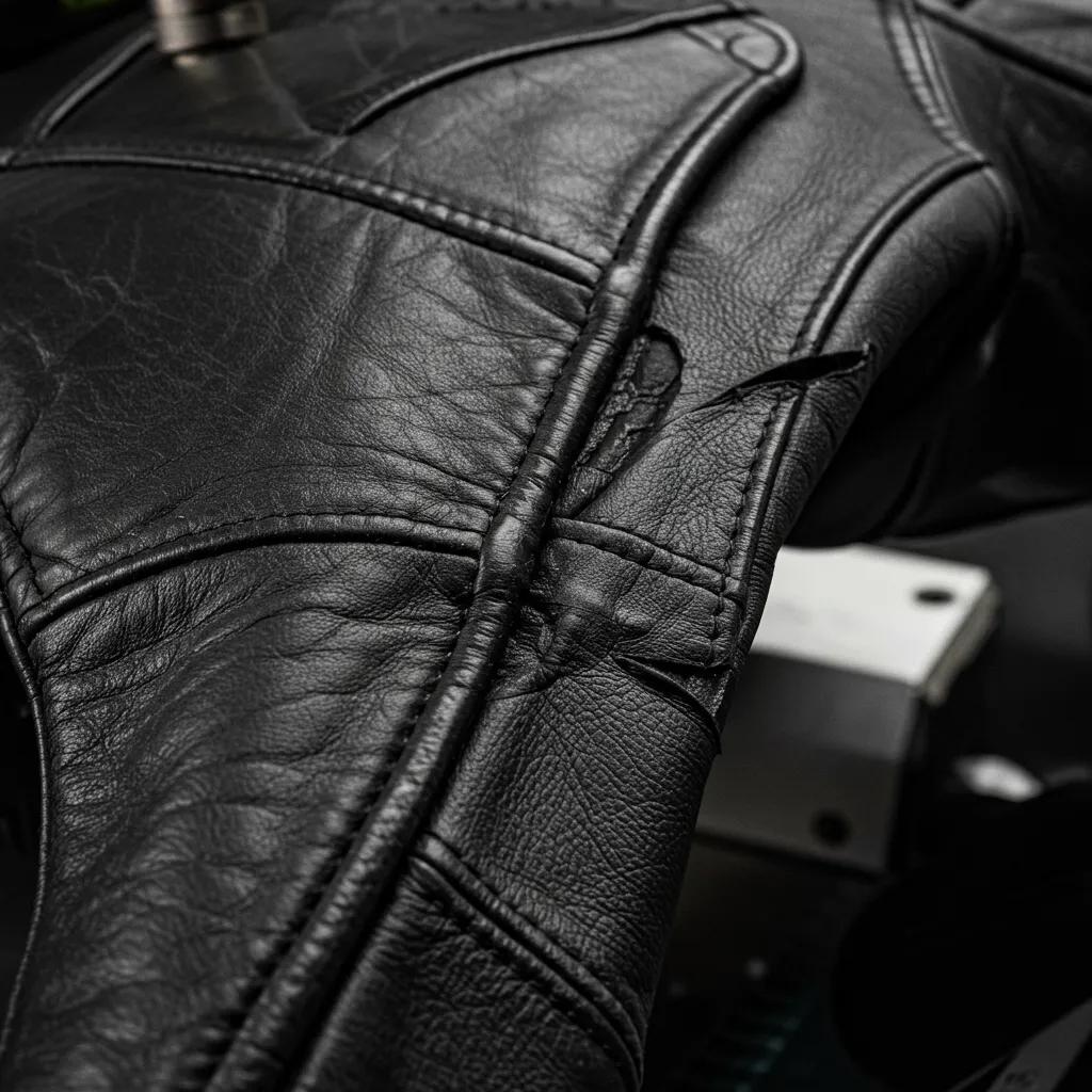 Close-up detail of a leather motorcycle jacket highlighting grain, stitching, and reinforcement