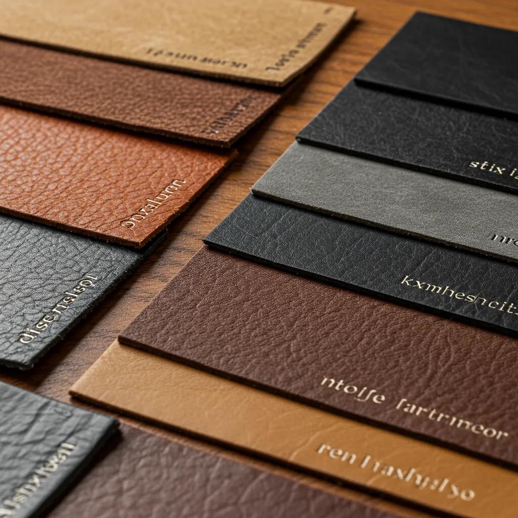 Close-up of premium leather samples for trumpet cases, highlighting textures and colors