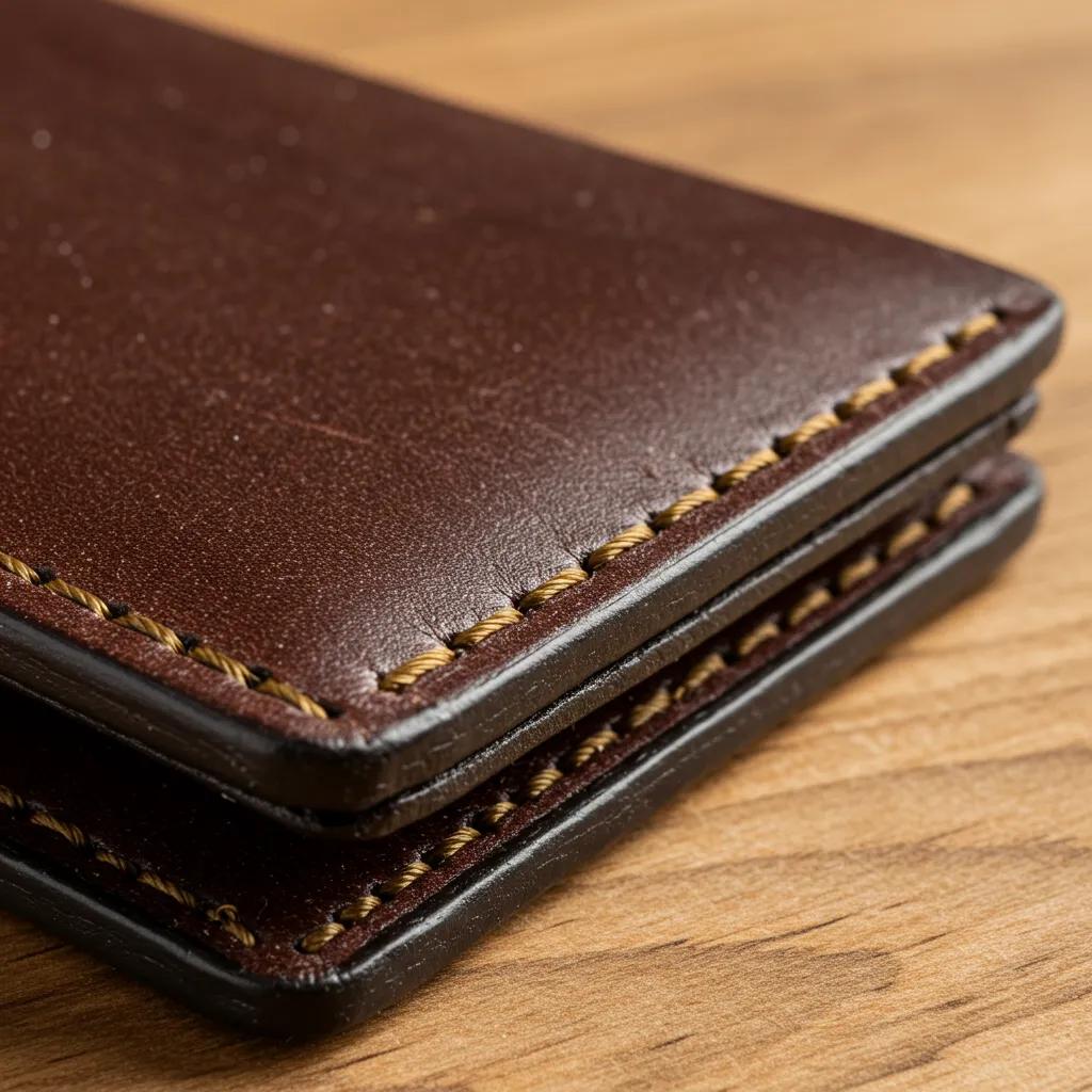 Close-up of a saddle-stitched wallet seam showing interlocked threads and clean finishing