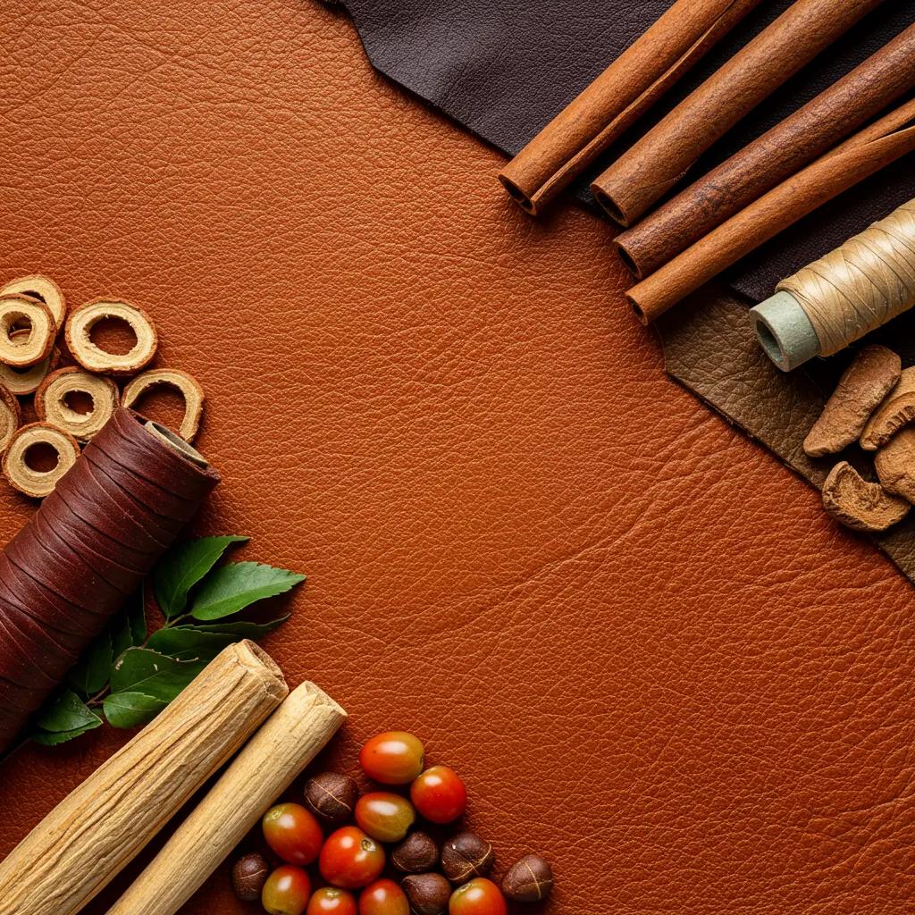Close-up of vegetable-tanned leather with natural plant materials, highlighting sustainable leather practices