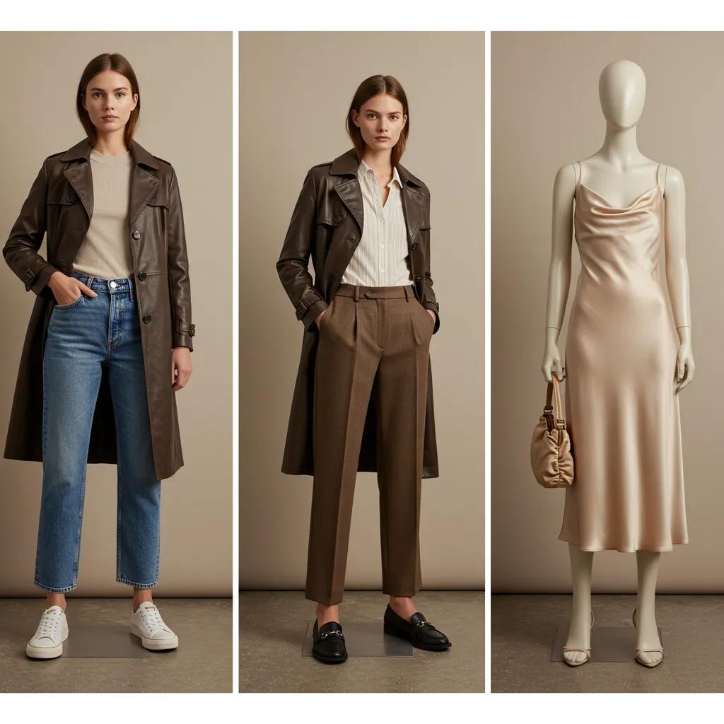 Three leather trench outfits: casual, work and evening — style ideas
