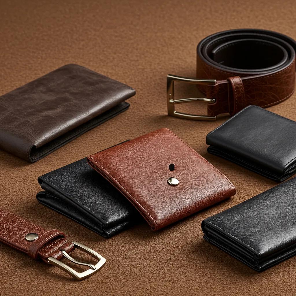 Assortment of bonded leather wallets, belts and small bags showing color and finish variety