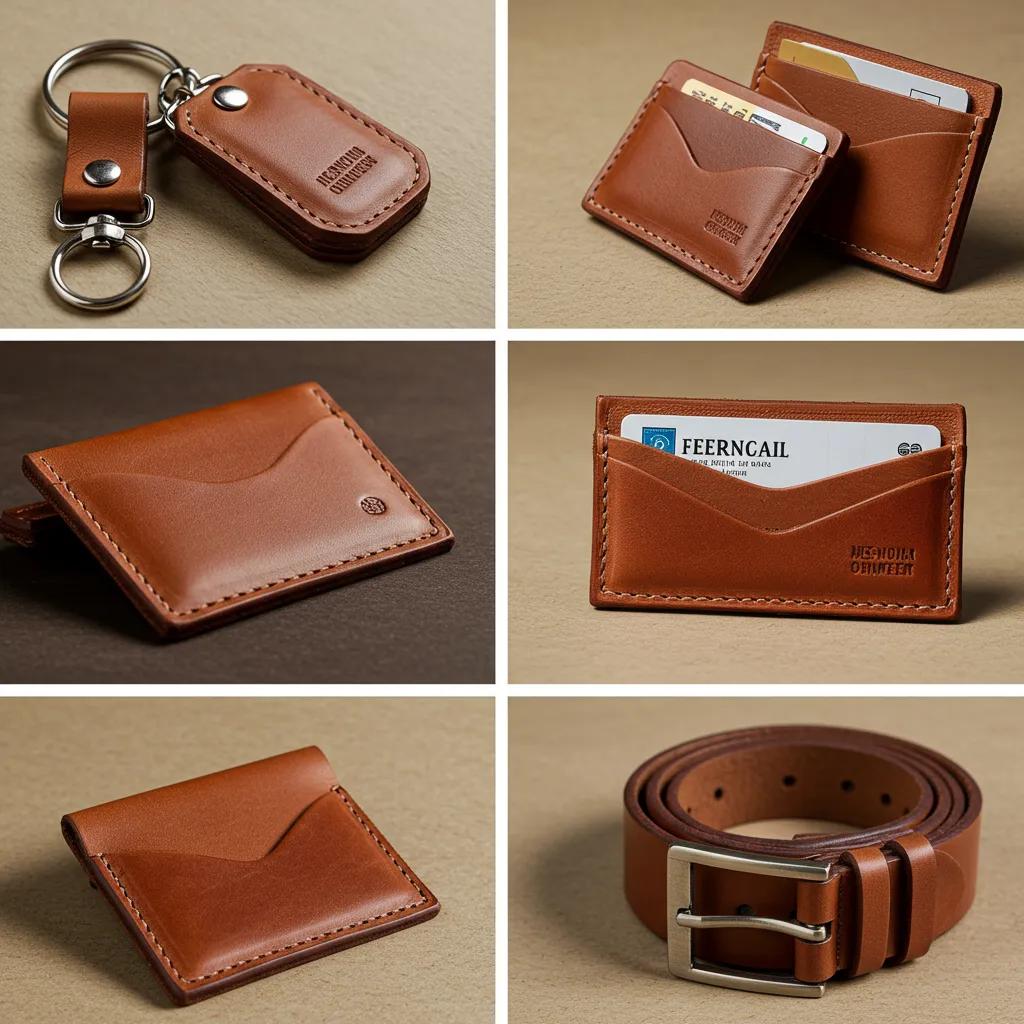 Completed beginner leather projects including a keychain, card holder, and belt