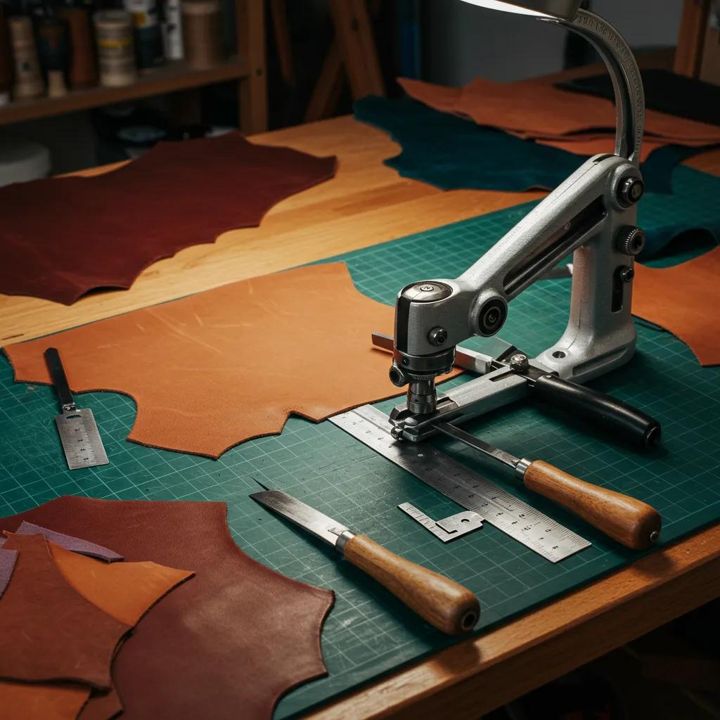 Craftsman cutting leather in a workshop with various tools and colorful leather pieces