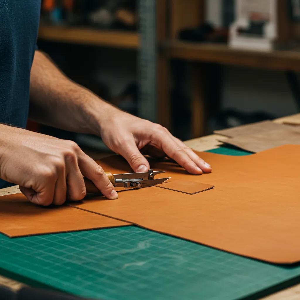 Craftsman cutting leather with precision tools in a workshop