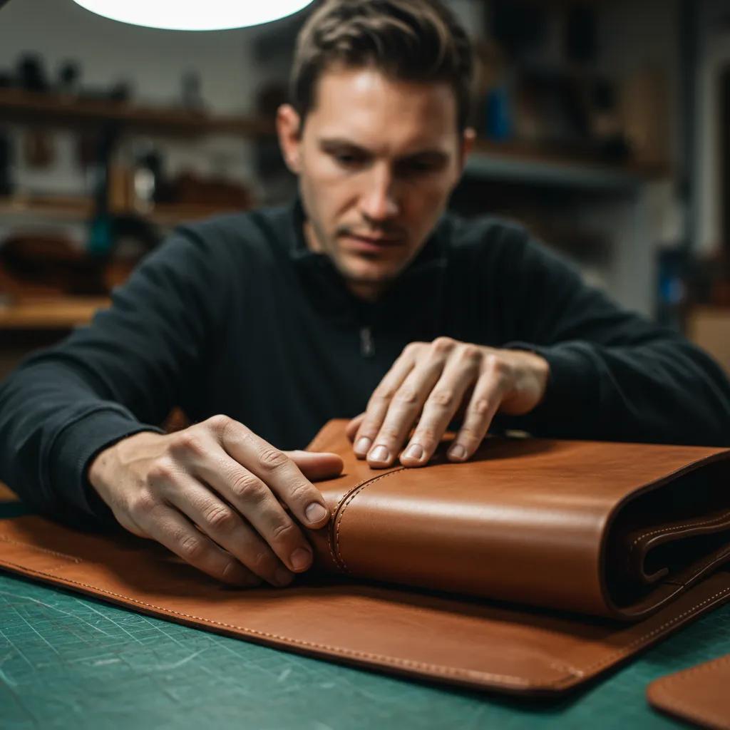 Craftsman checking stitch integrity on finished leather goods in a workshop