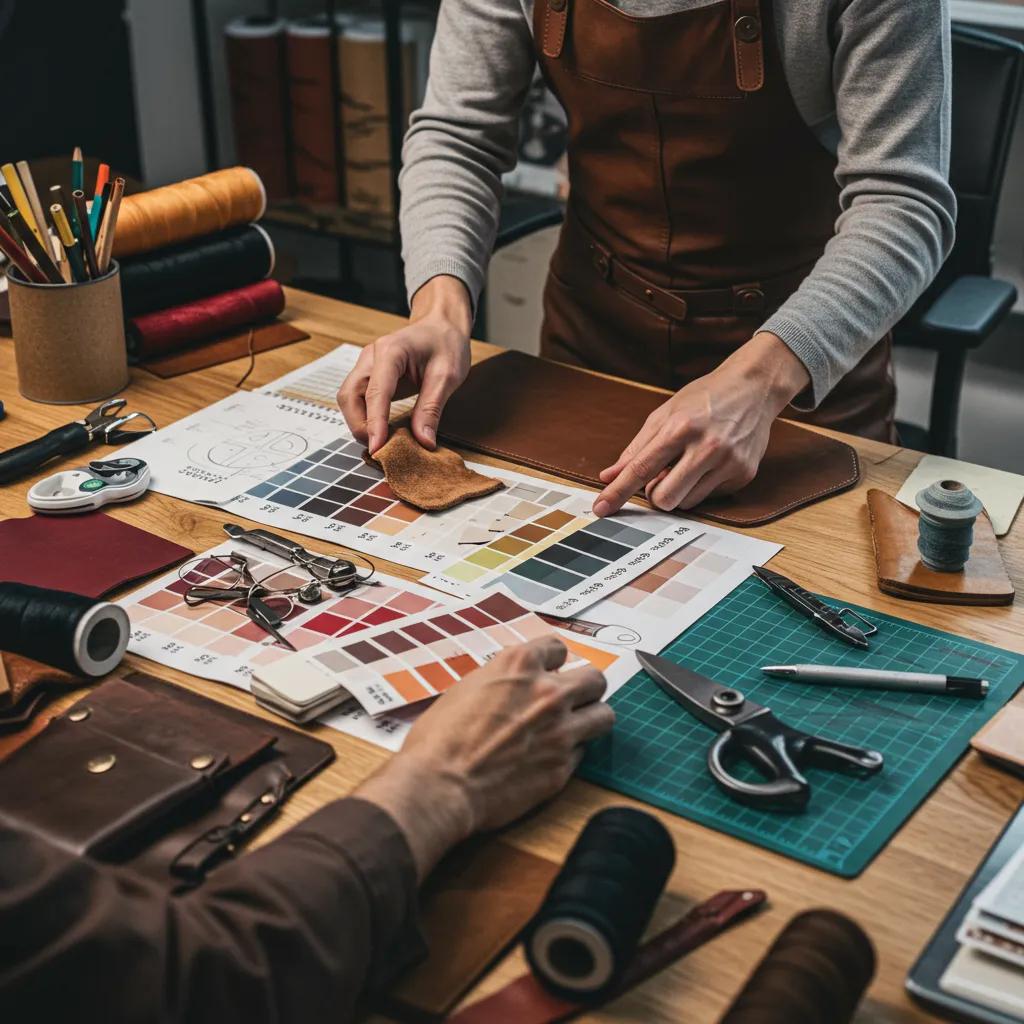 Designer choosing Pantone swatches for custom leather color development