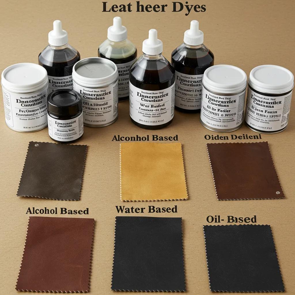 Swatches showing alcohol, water, and oil-based leather dyes and their effects