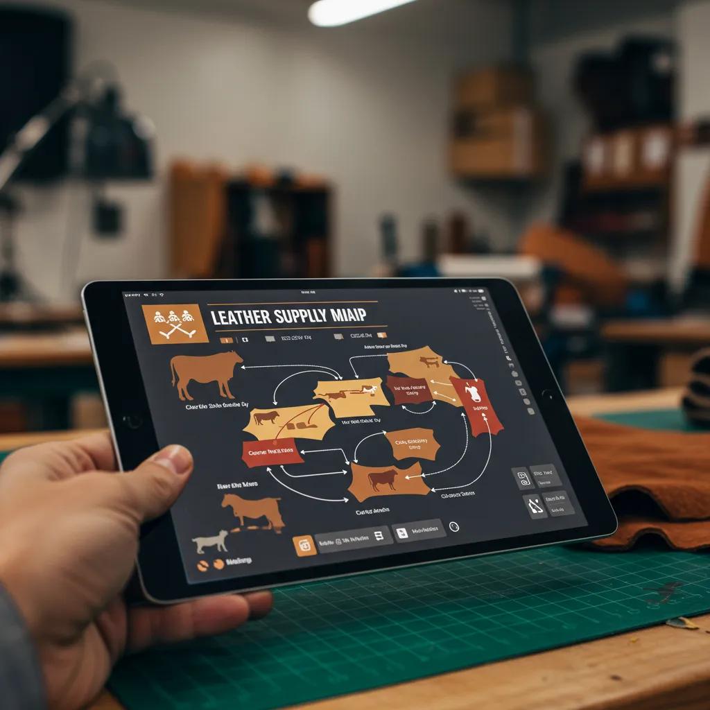Tablet showing a leather supply chain map, illustrating traceability and transparency in production