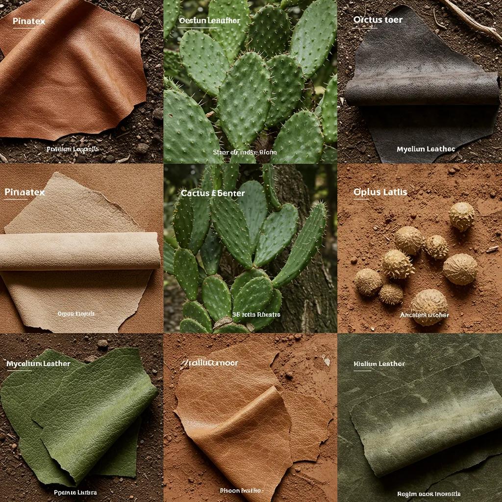 Display of sustainable vegan leather materials including Piñatex and cactus leather in a natural setting