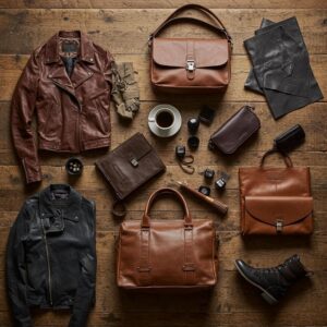 Diverse leather products including jackets and bags displayed on a wooden table, emphasizing craftsmanship and modern fashion
