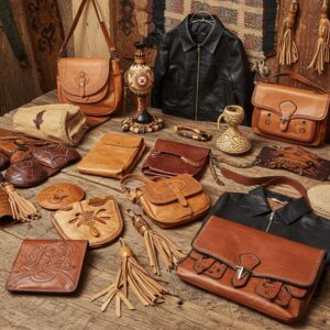 Diverse leather products representing cultural significance, including bags and jackets, showcasing craftsmanship and heritage