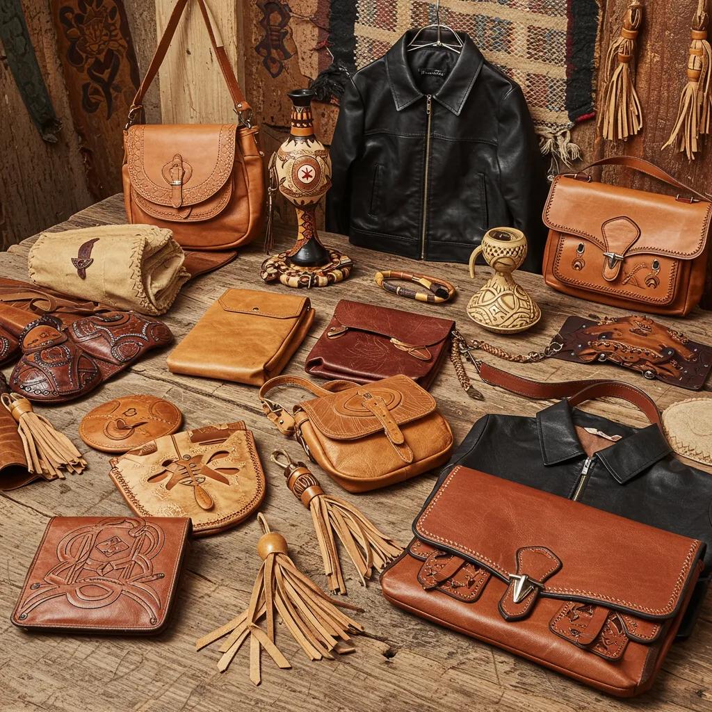 Diverse leather products representing cultural significance, including bags and jackets, showcasing craftsmanship and heritage