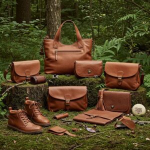 Eco-friendly leather products displayed in a natural setting, emphasizing sustainability and ethical production