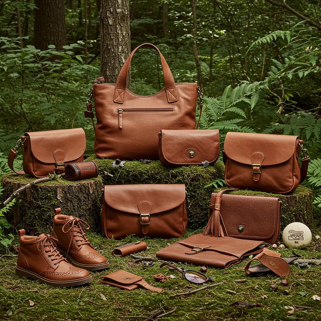 Eco-friendly leather products displayed in a natural setting, emphasizing sustainability and ethical production