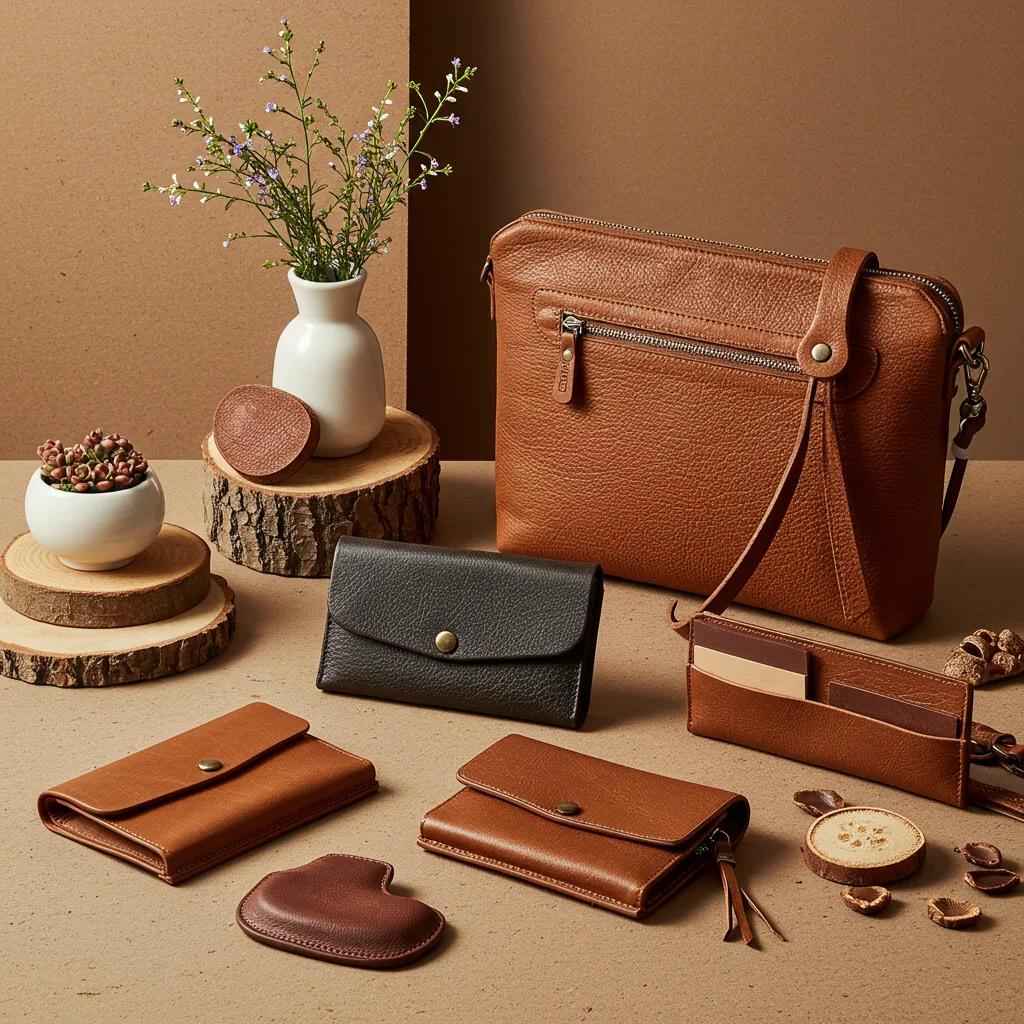 Eco-friendly leather products including wallets and bags made from vegetable-tanned leather