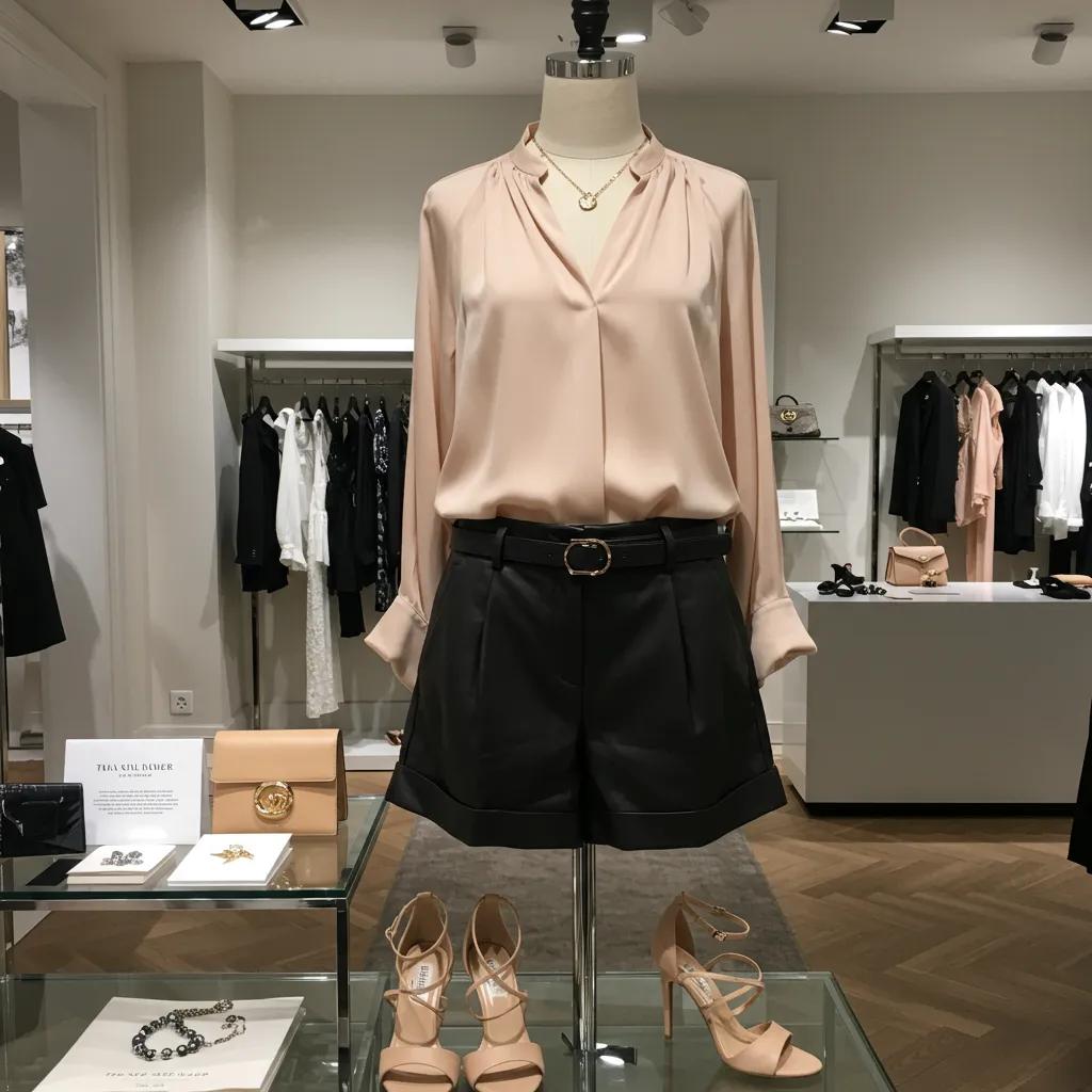 Sophisticated outfit: leather shorts with a silk blouse and heels for evening