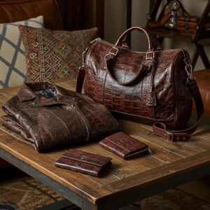 Embossed leather products including a jacket, bag, and wallet displayed on a wooden table, highlighting their texture and quality