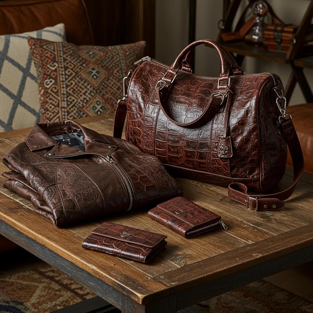 Embossed leather products including a jacket, bag, and wallet displayed on a wooden table, highlighting their texture and quality