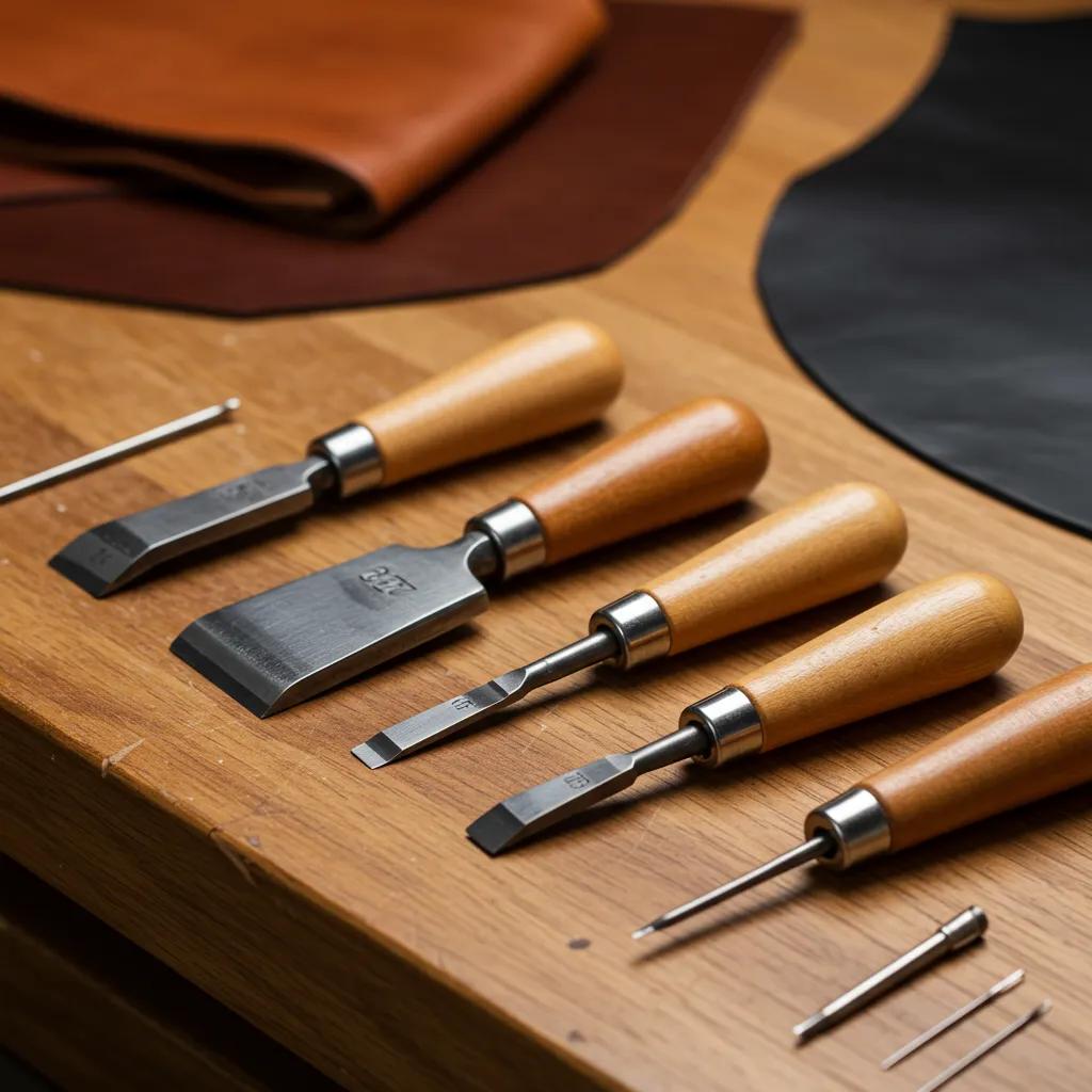 Essential leather stitching tools on a workbench with notes on their purpose and specs