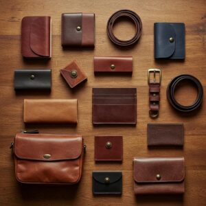 Ethically sourced leather products including wallets and bags displayed on a wooden table, highlighting sustainable craftsmanship