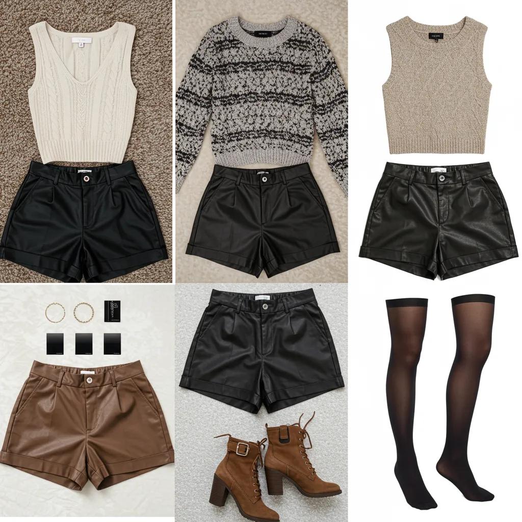 Flat lay showing leather shorts styled for summer, fall, and winter