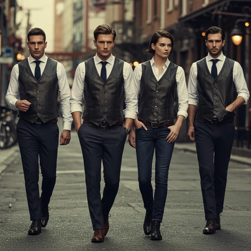 Group of men and women in stylish leather vests in an urban setting, showcasing fashion versatility