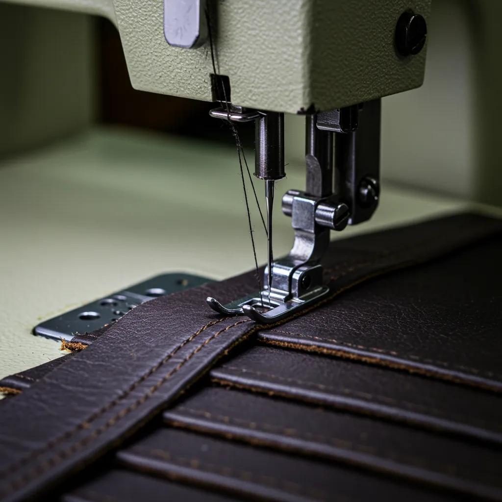 Industrial walking foot sewing machine stitching multiple layers of thick leather