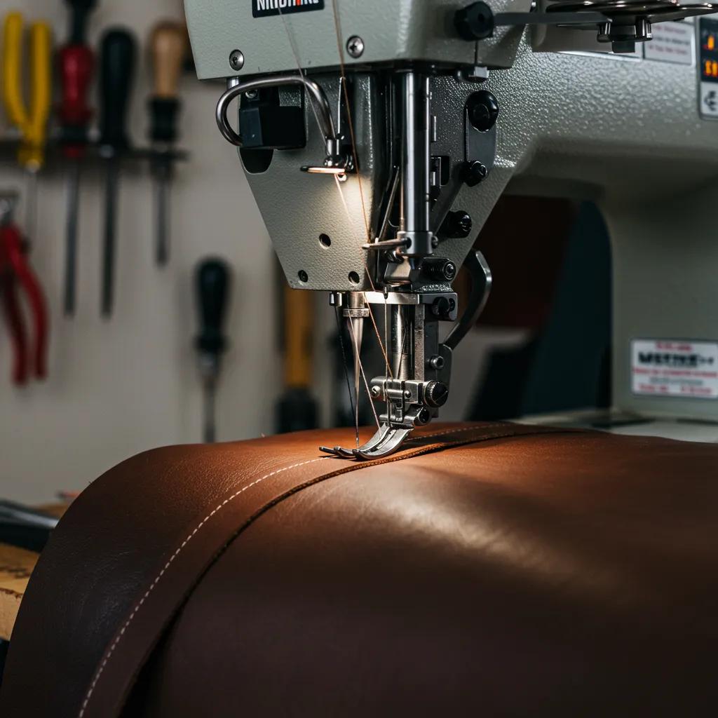 Industrial leather sewing machine handling thick hides — showing feed system and heavy-duty needle