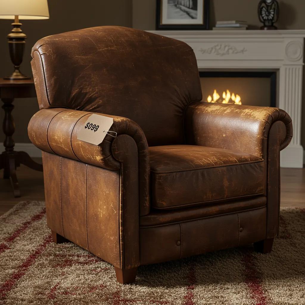 Worn leather armchair with a restoration cost tag in a living room setting
