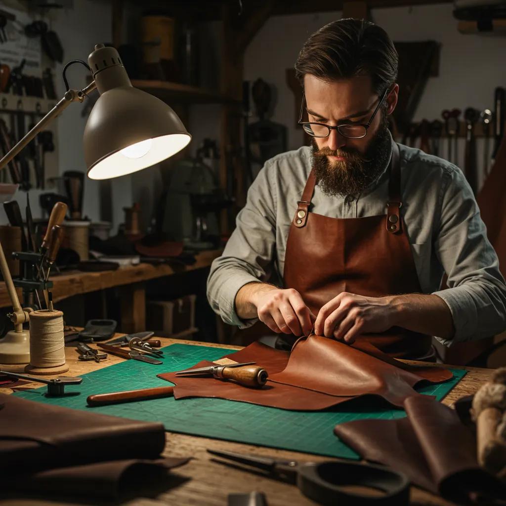 Leather craftsperson handling by‑product hides in a workshop, illustrating sustainable production practices