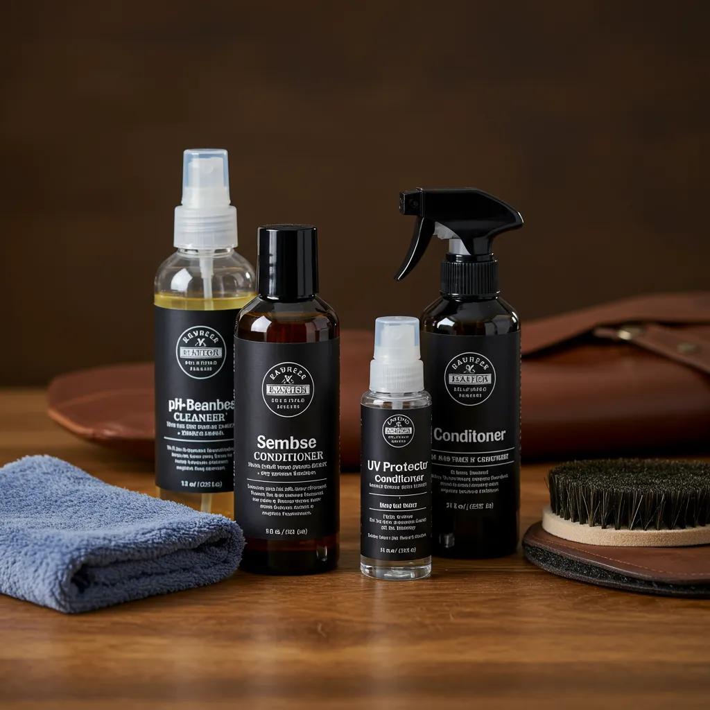 Leather care kit — cleaner, conditioner and UV protectant ready for regular maintenance