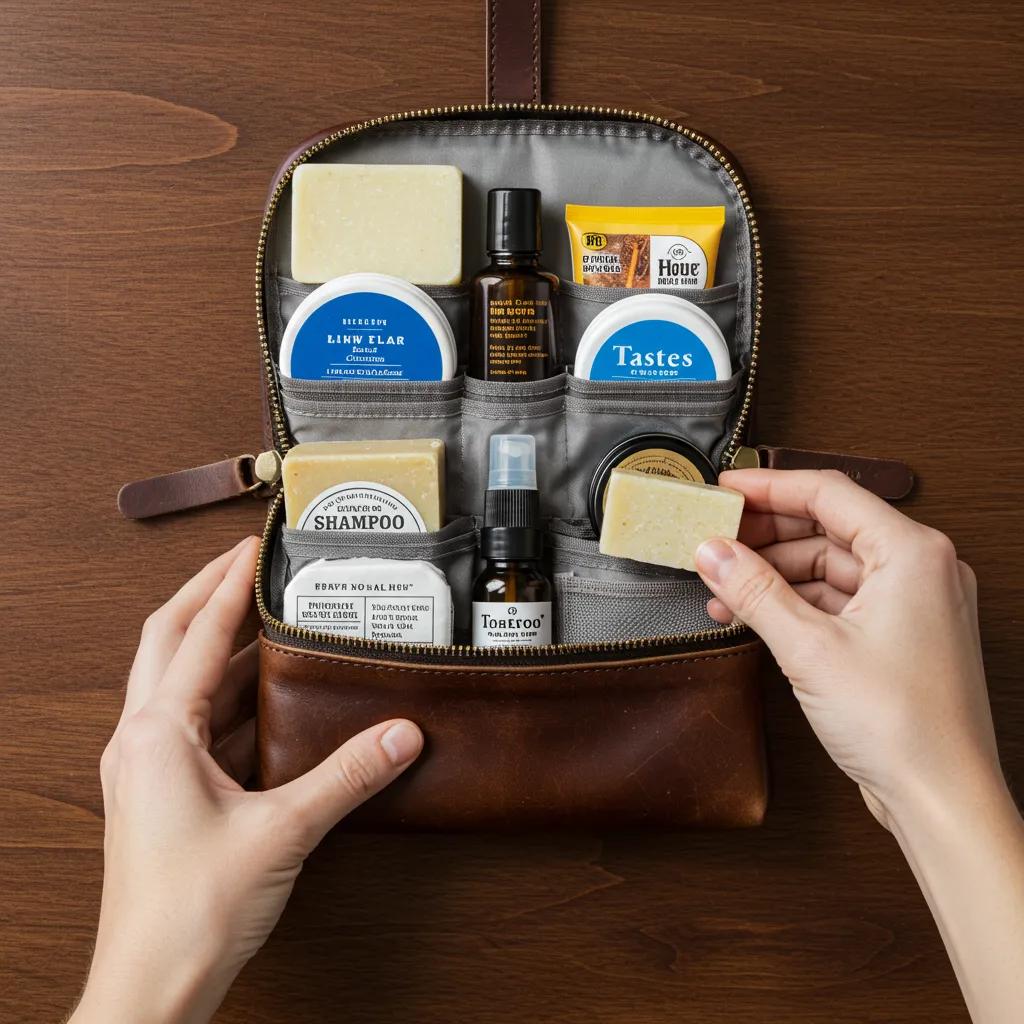 Leather dopp kit being packed with travel-sized grooming products