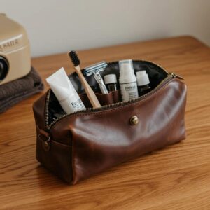 Leather dopp kit filled with travel grooming essentials on a wooden table