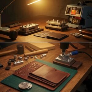 Leather embossing tools and techniques in action, highlighting craftsmanship and detail