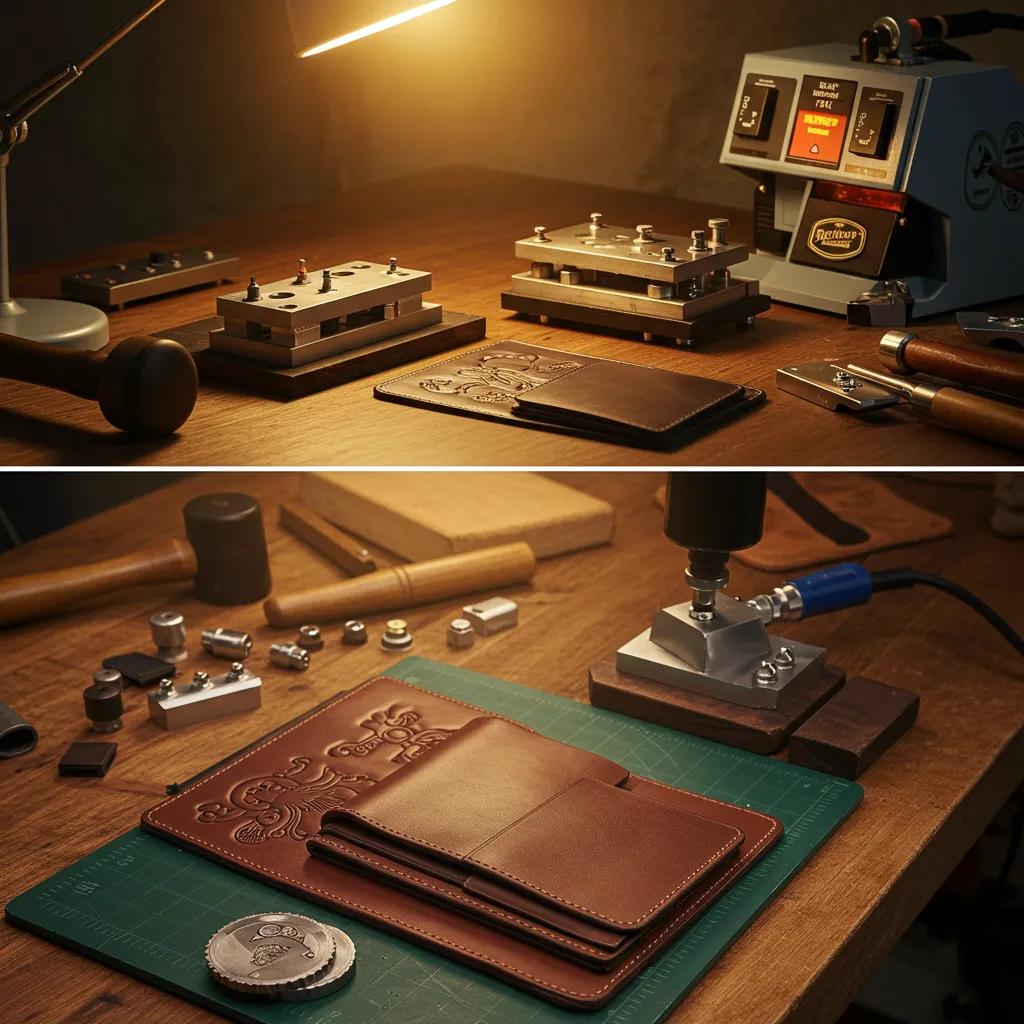 Leather embossing tools and techniques in action, highlighting craftsmanship and detail