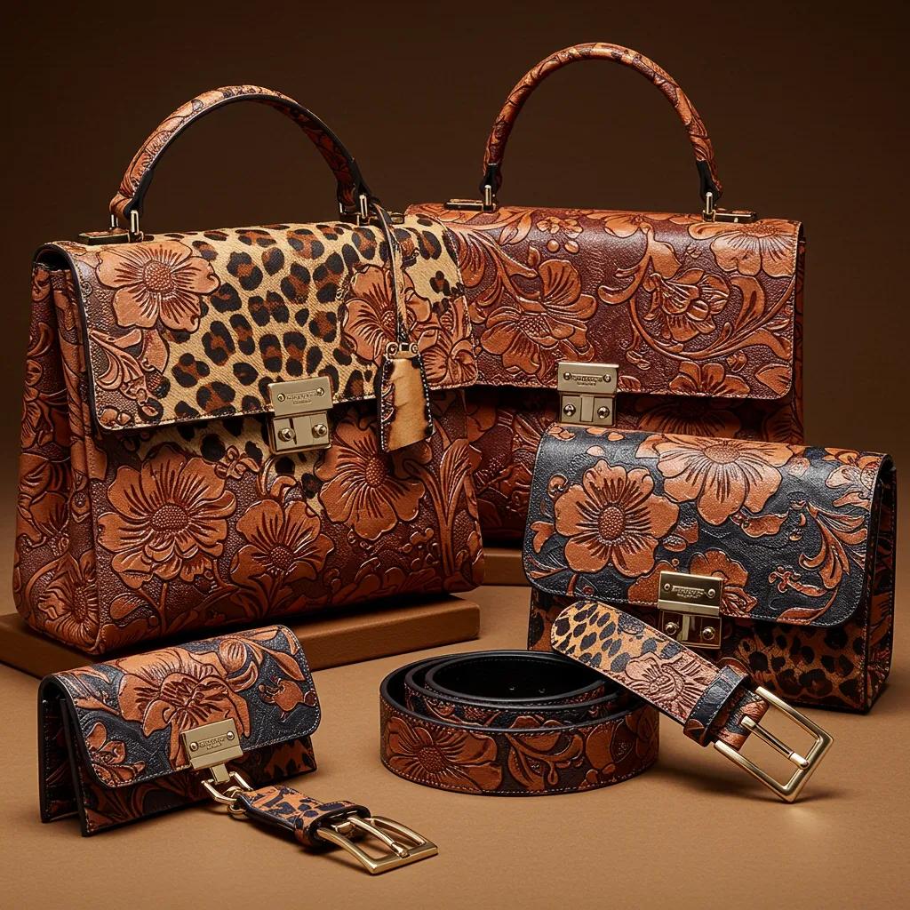 Leather pieces featuring floral and animal-print embossing — detail and finish variations