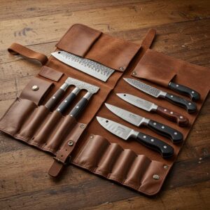 Leather knife roll displaying various chef knives on a rustic kitchen countertop