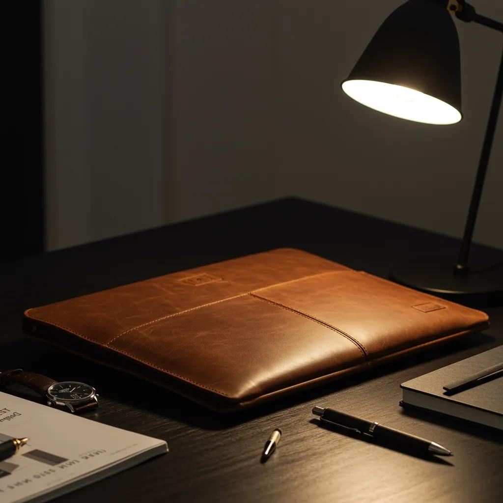 Leather laptop sleeve with professional accessories in a stylish office setting, showcasing executive appeal
