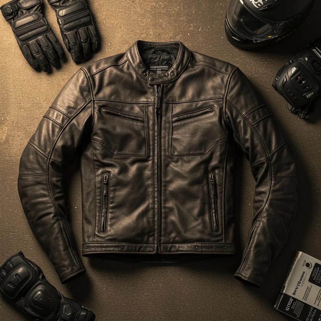 Leather motorcycle jacket showing reinforced panels and stitch work for long-term durability
