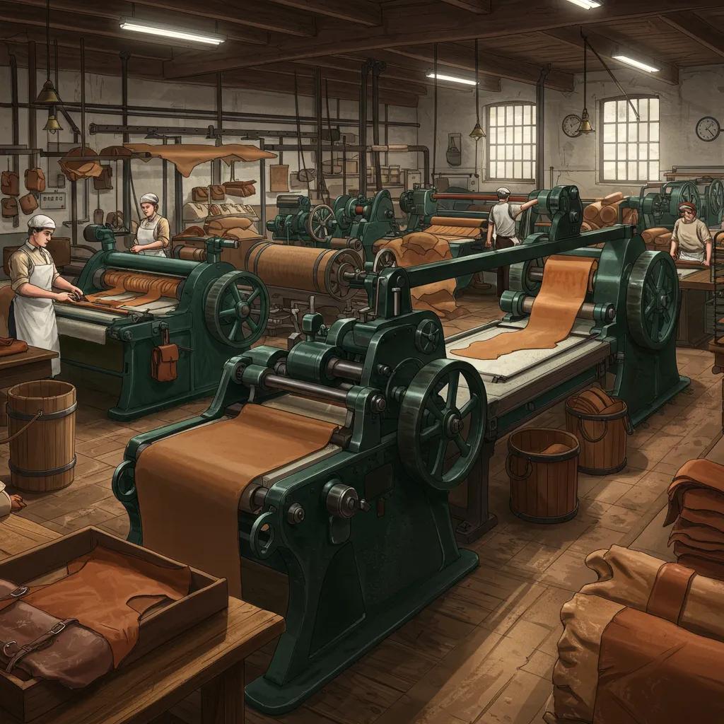 Industrial era tannery with early machinery and workers