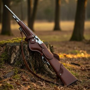 Leather rifle scabbard in a natural outdoor setting, showcasing craftsmanship and functionality